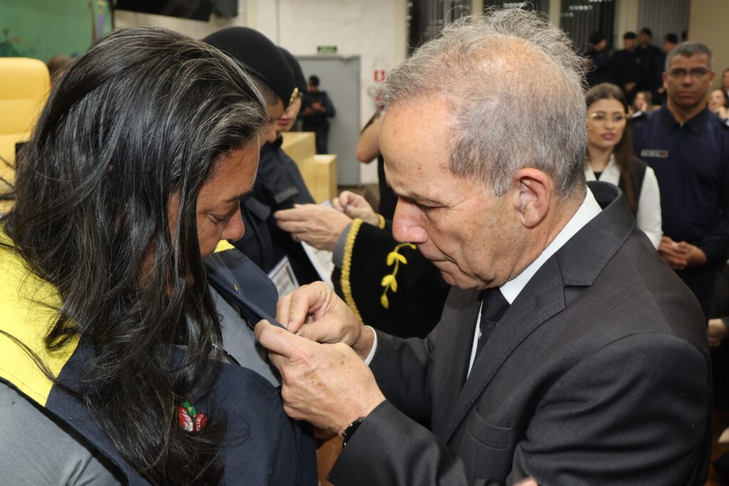 Medalha é colocada em homenageada durante a cerimônia