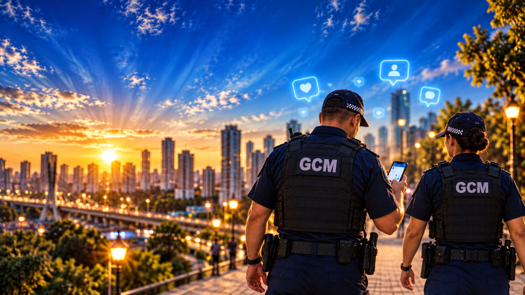 Dois guardas municipais de costas caminhando ao entardecer, um deles com o celular na mão, com ícones de curtida, comentário e seguidor no ar